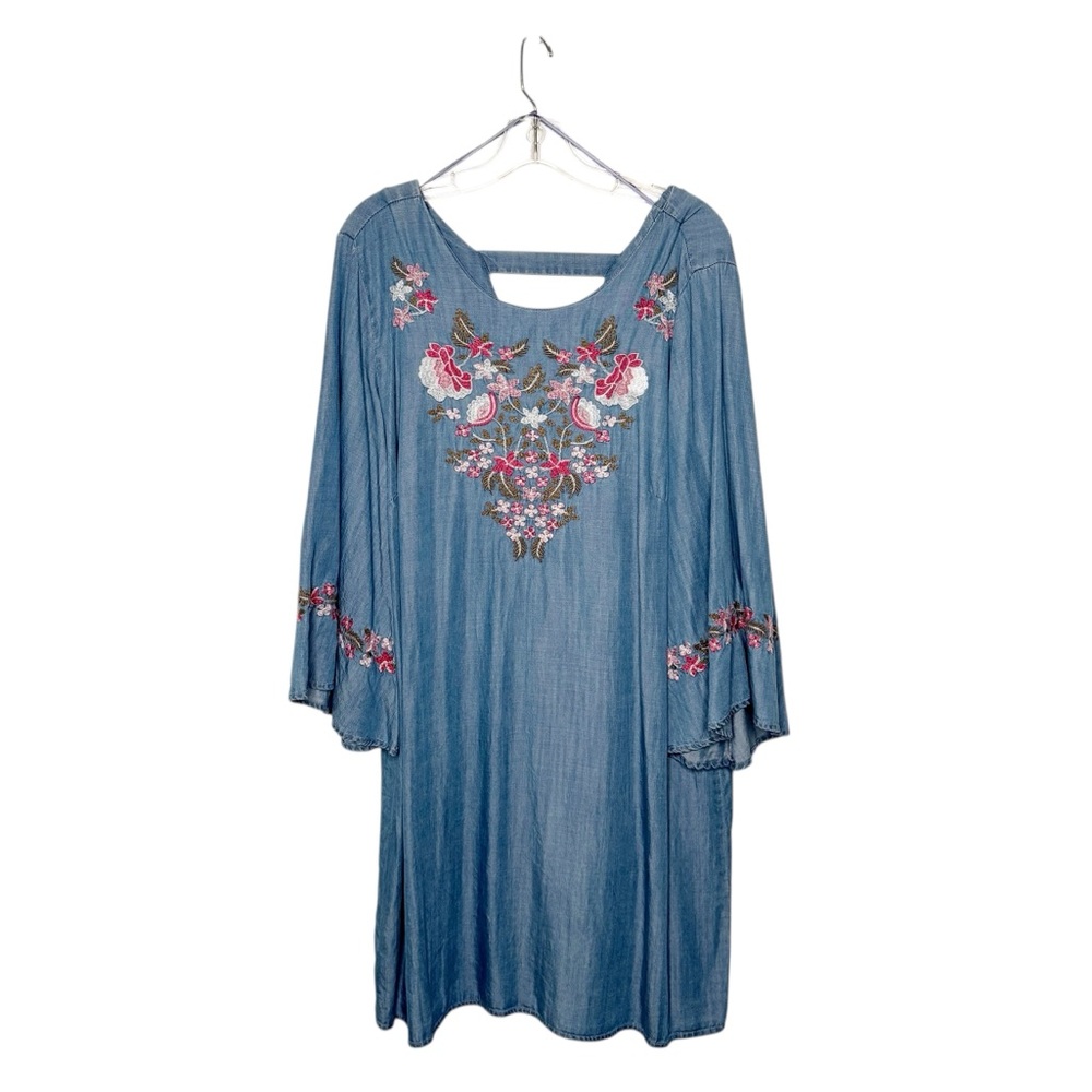 CHELSEA AND THEODORE FLORAL EMBROIDERED CHAMBRAY SHIFT DRESS SZ 1X